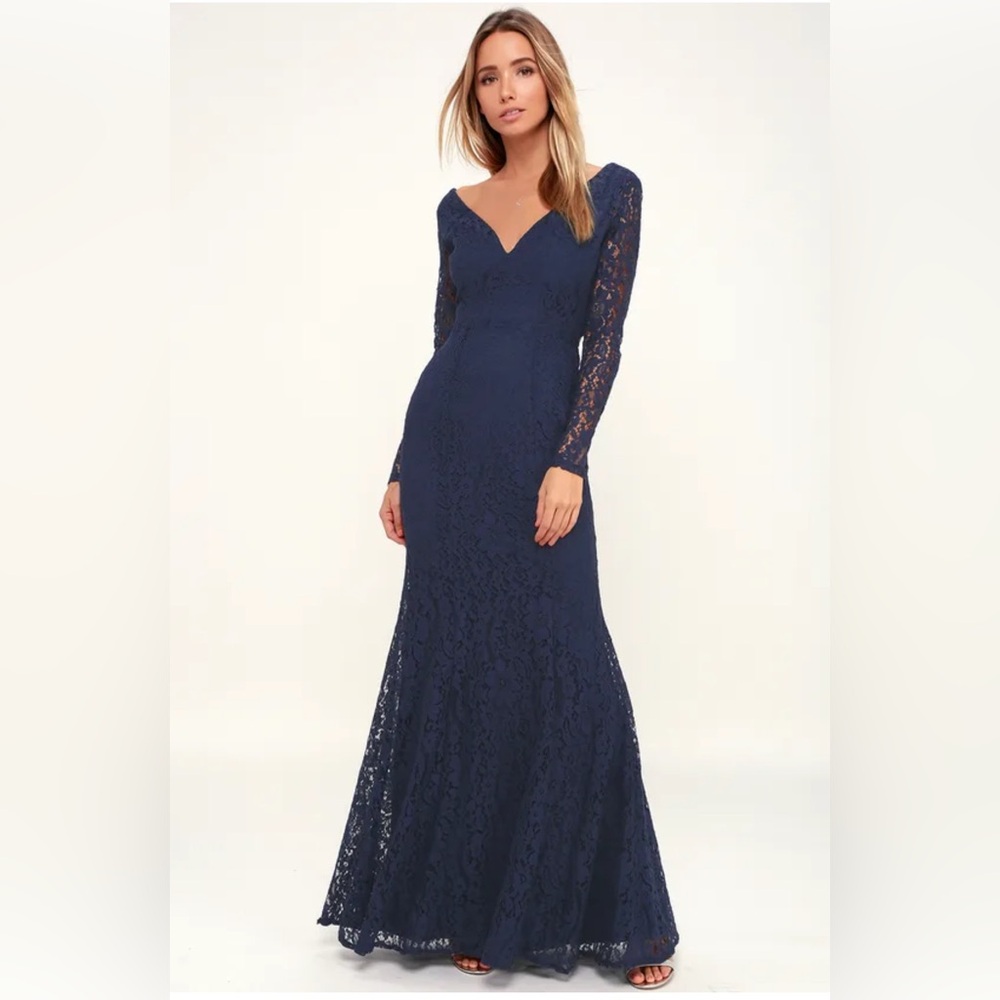 Lulus Natural Beauty Navy Blue Lace Long Sleeve Maxi Dress